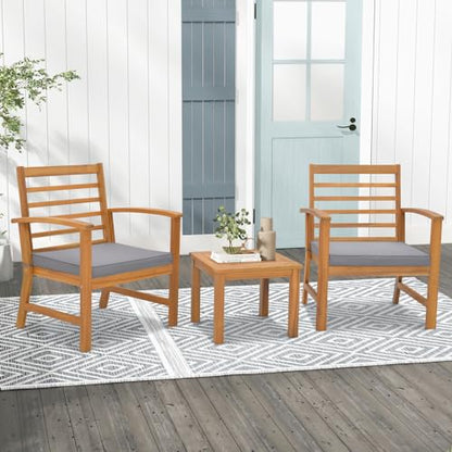 3 Pieces Outdoor Furniture Set, Acacia Wood Conversation Set with Soft Seat Cushions, Stable Acacia Wood Frame, Patio Sofa & Coffee Table Set for Backyard, Porch, Poolside (Grey)