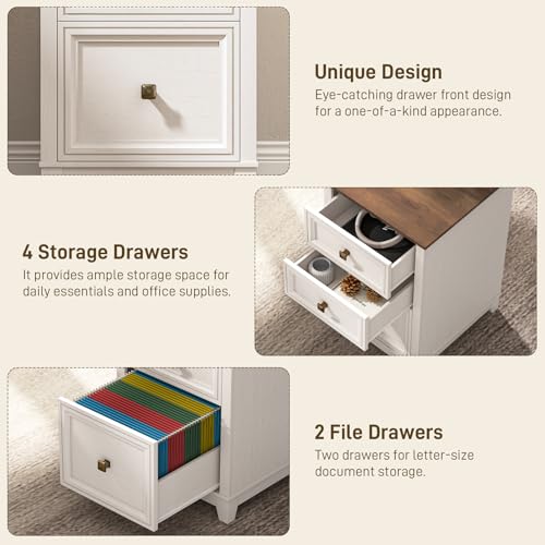 Farmhouse L Shaped Executive Desk with 6 Drawers, 59’’ Wood Home Office Desk with File Cabinet, Writing Corner Computer Desk for Home Office, Work, Study, White and Brown