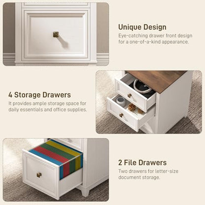 Farmhouse L Shaped Executive Desk with 6 Drawers, 59’’ Wood Home Office Desk with File Cabinet, Writing Corner Computer Desk for Home Office, Work, Study, White and Brown