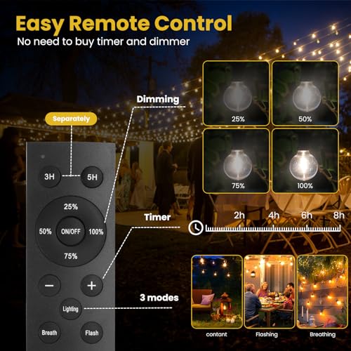 Yusist 100FT Solar String Lights Outdoor Waterproof with Remote, G40 Solar Powered String Lights with 30+2 LED Shatterproof Bulbs, Dimmable Solar Patio Hanging Lights for Outside Backyard Party