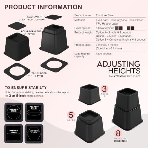 Adjustable Bed Risers 3 & 5 Inch, Black, 36-Pack, view 6