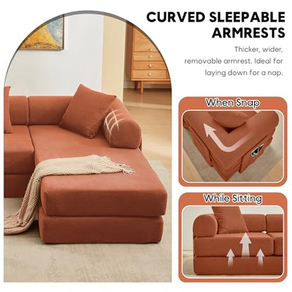 L Shaped Modular Sofa Bed with Cylindrical Pillow & Reversible Chaise, Corduroy Folding Floor Convertible Sofa Couch Bed with Fixed-Shape Frame & Storage Pocket for Living Room, Orange