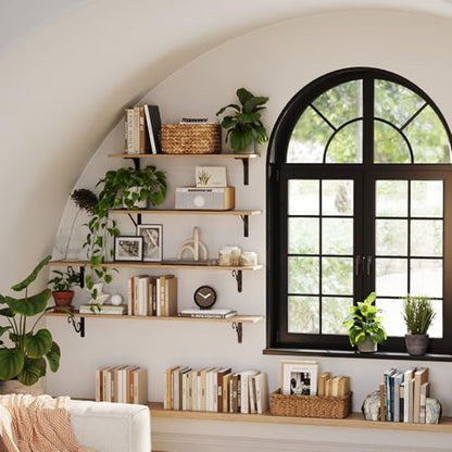 Long Wall Shelves, 31.5 Inch Wall Mounted Shelves Set of 2, Easy-to-Install, Floating Storage Ledges with Sturdy Metal Brackets for Living Room, Bathroom, Bedroom, Kitchen, Natural