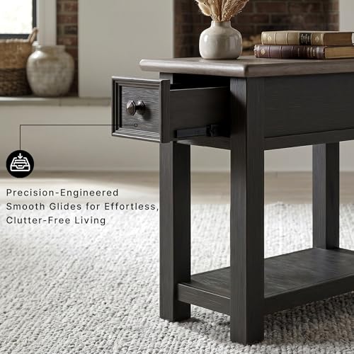 Signature Design by Ashley Narrow Side Table with Charging Station, Tyler Creek Chairside End Table, Wood, Smooth-Gliding Storage Drawer, Living Room Furniture, Grayish Brown/Black