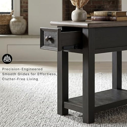 Signature Design by Ashley Narrow Side Table with Charging Station, Tyler Creek Chairside End Table, Wood, Smooth-Gliding Storage Drawer, Living Room Furniture, Grayish Brown/Black
