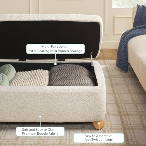 Linley Contemporary Large Storage Bouclé Ottoman with Wood Legs, Ivory
