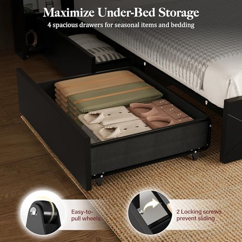 King Size Bed Frame with Bedside Storage & 4 Drawers, Black Walnut, view 5