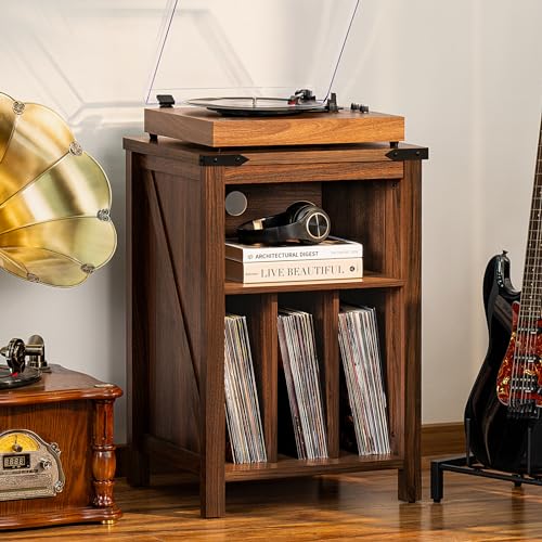 Record Player Stand with Vinyl Record Storage,Rustic Brown, view 3