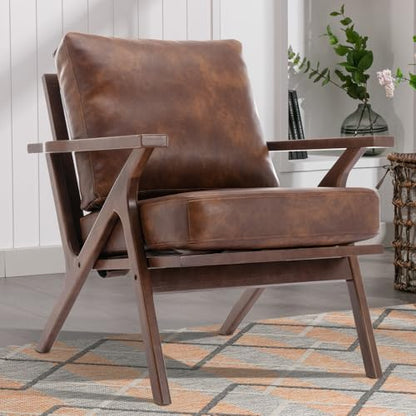 Mid-Century Modern Accent Chair with Wood Frame, PU Leather Living Room Chair and Soft Thick Padded Armchair for Living Room Bedroom Reception with Removable Upholstered Cushions, Reddish Brown