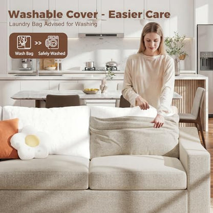 Oversized 85" Deep Seat Sofa, Modern Couches for Living Room, 3 Seater Natural Linen Sofa, Upholstered Cushion & Detachable Cover, Comfy Sofa Couch for Apartment, Oatmeal