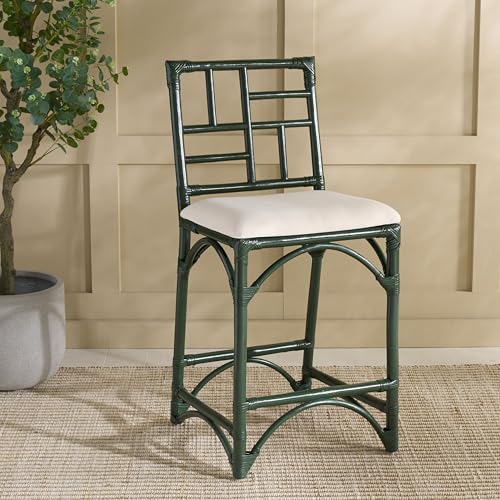 SAFAVIEH Furniture - Christine 23.6" Seat Height Counter Stool - White & Forest Green - Handwoven Rattan Design - Fully Assembled - Ideal for Kitchen, Dining Room & Kitchen Island (BST6509E)