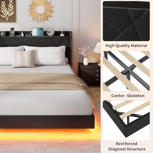 Queen Size Floating Bed Frame with Light and Charging Station, Black, view 4