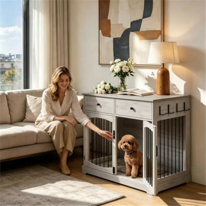 40" Gray Dog Crate End Table, Engineered Wood, 2 Drawers, Reinforced Steel, view 5