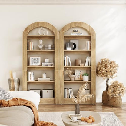 5-Tier Bookshelf, Arch-Shaped Racks, Tall Standing Wooden Bookcase Display Shelf Modern Storage Solution (2, Teak Color)