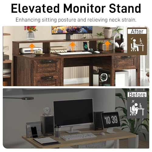 59" Farmhouse Computer Desk with 4 File Drawer & Power Outlet & Led Lights, view 5
