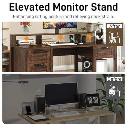 59" Farmhouse Computer Desk with 4 File Drawer & Power Outlet & Led Lights, view 5