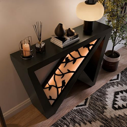 Naomi Modern Decorative Accent LED Console Table with W-Shaped Legs and Remote, Wood Entryway Furniture for Living Room, Hallway, Entrance, Small Spaces, Black