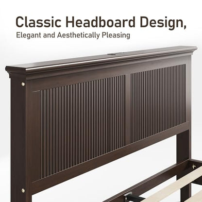 Wood Queen Bed, Solid Wood Bed With Tall Headboard, American Vintage Design, view 4