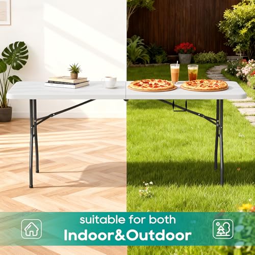 6FT Folding Table, Portable Fold-in-Half Plastic Picnic Party Table with Carrying Handle (White