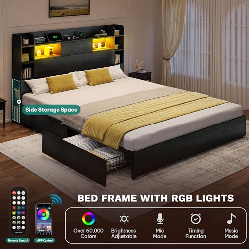 King Size Bed Frame, 51" Tall Bookcase Headboard and 4 Storage Drawers, view 6