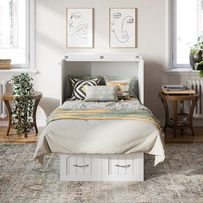 Sydney Twin Wood Murphy Bed Chest with 6" Mattress, Storage Drawer & Built-in USB Charger, White