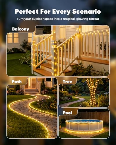 Solar Rope Lights, 39FT 100LED Outdoor Solar String Lights, IP65 Waterproof Solar Powered Fairy Lights with 8 Lighting Modes for Party Garden Patio Pool Backyard Tree Decoration, Warm White