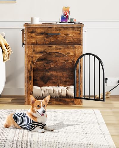 Dog Crate Furniture, Wooden Dog Kennel with Charging Station and Storage Drawer, view 6