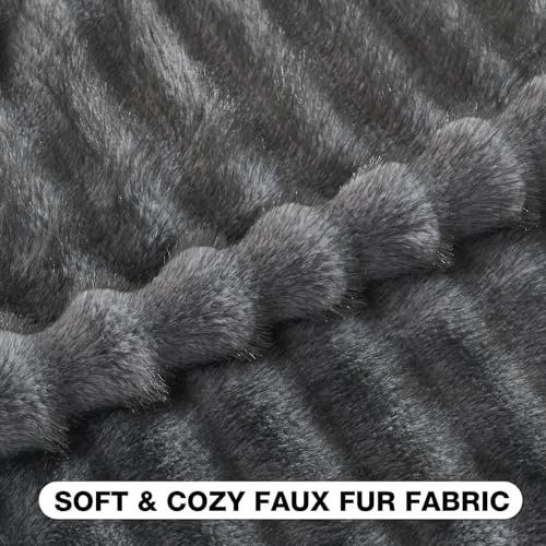 Pack of 2 Faux Mink Fur Throw Pillow Covers 24x24 Inch Soft Fluffy Dyeing Striped Textured Farmhouse Decorative European Cushion Case Modern Home Decor for Couch Bed Living Room, Dark Grey