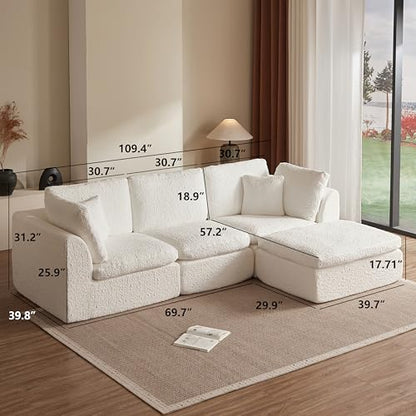 110" Cloud Sectional Couches for Living Room, Convertible L Shape Couch with Ottoman, 3 Seater Modular Sectional Sofa, Warm White