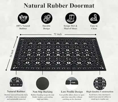 34-LB Heavy Duty Rubber Doormat 36"×72" - Won't Blow Away | Outside Front Door Mat, Mud Dirt Scraper, Non-Slip Drainage Mat for Entryway Patio Garage, All-Weather, 100% Rubber Mats