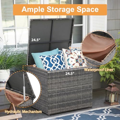 8 Pieces Outdoor Patio Furniture Set with 45” Fire Pit Table, Rattan Patio Conversation Sets with 50000 BTU Gas Fire Pit, Wicker Sectional Sofa Set with Storage Box, Gray (Without Table)