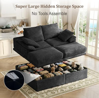 71" Modular Loveseat Sofa with Storage, 2-Seater Boneless Couch with Ottoman, 48" Deep Seat Corduroy Cloud Couch for Small Spaces Apartment, Tool-Free Assembly, Black