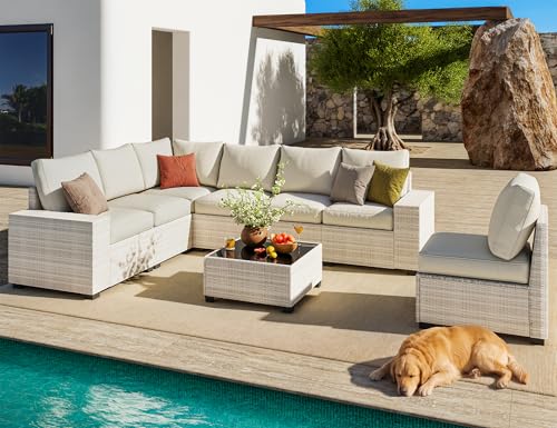 8 Piece Outdoor Patio Furniture Set, Outdoor Sectional Furniture, Rattan & Wicker Modern Modular Conversation Set Sofa Couch W/Water Resistant Washable Thick Cushions and Coffee Table, Beige