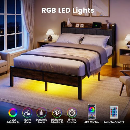 Full Size Bed Frame with Smart LED Light, Charging Station, view 4