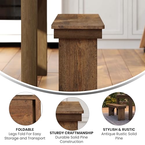 Hercules Series 40" x 12" Commercial Grade Rustic Solid Pine Folding Bench, Antique Farmhouse Dining Bench, Seats up to 2 Adults | Foldable Locking Legs, Farmhouse