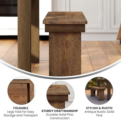 Hercules Series 40" x 12" Commercial Grade Rustic Solid Pine Folding Bench, Antique Farmhouse Dining Bench, Seats up to 2 Adults | Foldable Locking Legs, Farmhouse