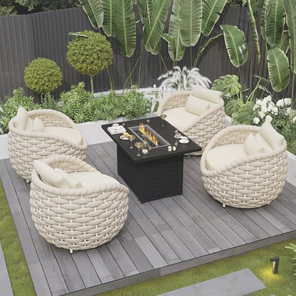 Patio Accent Chairs Set of 6: Aluminum Porch Lounge Chair with Arms - Woven Rope Cushioned Armchair - Modern One Seater Sofa - Outdoor Deck Furniture for 400lbs Balcony Yard Garden Hotel, Beige