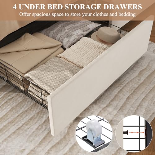 Modern Queen Size Upholstered Bed Frame with 4 Storage Drawers, Button Tufted Headboard Design, Solid Wooden Slat Support, Easy Assembly, Soft Velvet, Beige