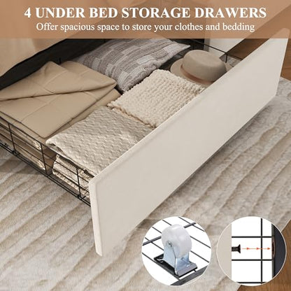 Modern Queen Size Upholstered Bed Frame with 4 Storage Drawers, Button Tufted Headboard Design, Solid Wooden Slat Support, Easy Assembly, Soft Velvet, Beige