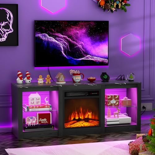Electric Fireplace TV Stand for 65-80"TV, w/Power Outlets, Black, view 2