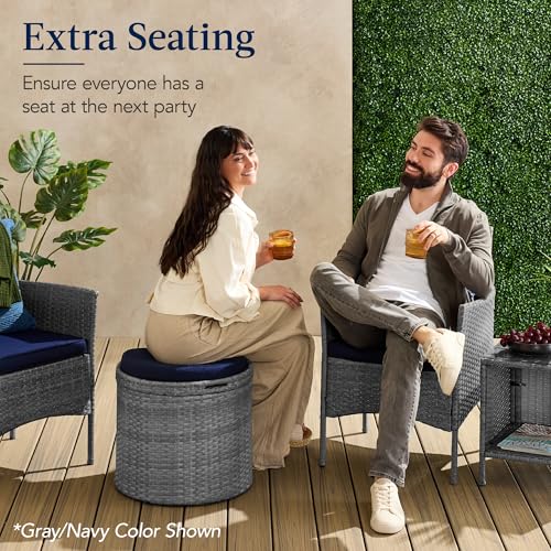Best Choice Products Round Wicker Ottoman, Multipurpose Outdoor Furniture for Patio, Backyard, Additional Seating, Footrest, Side Table w/Storage, Removable Cushions – Brown/Beige