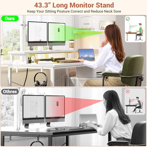 Gaming Desk with LED Strip & Power Outlet, 59Inch Reversible Computer Desk with Monitor Stand & Storage Shelves, Home Office Desks with Fabric File Drawer, Gamer Table PC Desk, White