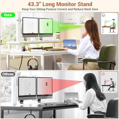 Gaming Desk with LED Strip & Power Outlet, 59Inch Reversible Computer Desk with Monitor Stand & Storage Shelves, Home Office Desks with Fabric File Drawer, Gamer Table PC Desk, White