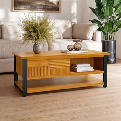 Trapeze Coffee Table for Living Room – Modern Wooden Center Table with Storage, Metal Legs, Large Teak Brown Coffee Table for Stylish Living Room Furniture Setup