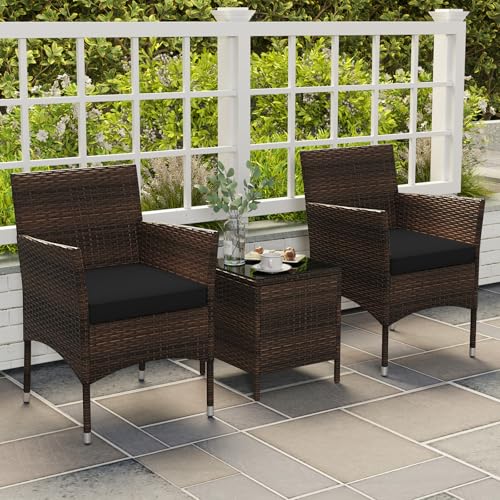 3 Pieces Patio Rattan Furniture Set, Outdoor Conversation Set with PE Wicker Armchairs, Tempered Glass Top Coffee Table, Soft Removable Cushions, for Porch Garden Yard Balcony (Black)