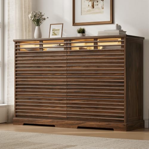 52"W Walnut 8 Drawer Dresser with LED Lights Fluted Dresser for Bedroom, view 2