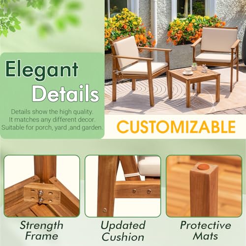 Outdoor Patio Furniture, 3 Piece Bistro Sofa Set with 1 Coffee Table and 2 Chairs, Acacia Wood Conversation Sets with Cushions, for Garden, Backyard, Poolside, White