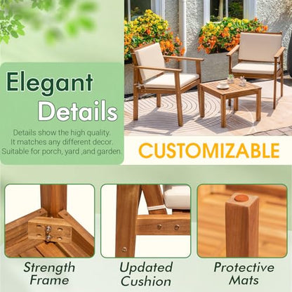 Outdoor Patio Furniture, 3 Piece Bistro Sofa Set with 1 Coffee Table and 2 Chairs, Acacia Wood Conversation Sets with Cushions, for Garden, Backyard, Poolside, White