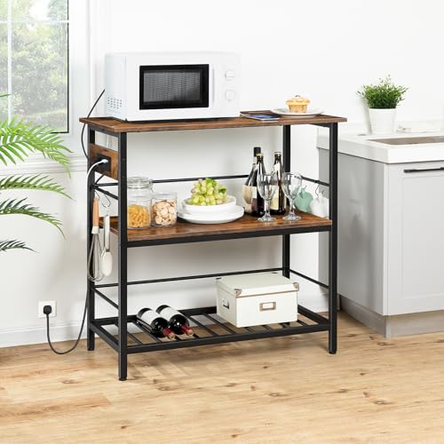 Kitchen Island with Storage, Kitchen Island Table with Power Outlet, 35.4" L 3 Tier Coffee Station and Microwave Stand, for Home, Dining Room, Rustic Brown and Black BF021ZD01