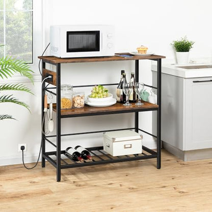 Kitchen Island with Storage, Kitchen Island Table with Power Outlet, 35.4" L 3 Tier Coffee Station and Microwave Stand, for Home, Dining Room, Rustic Brown and Black BF021ZD01